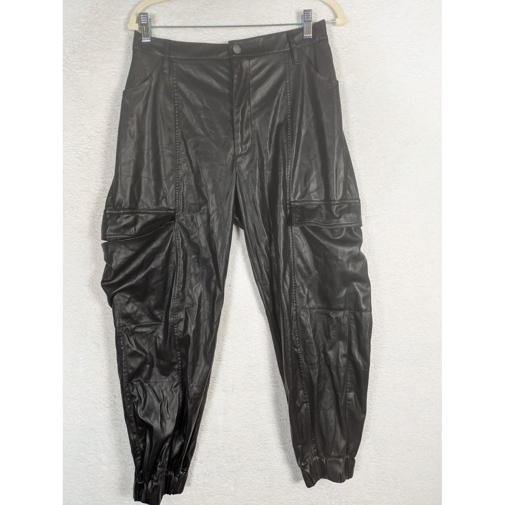 Madden NYC Cargo Joggers Women's XL Black Faux Leather High Rise Elastic Cuff